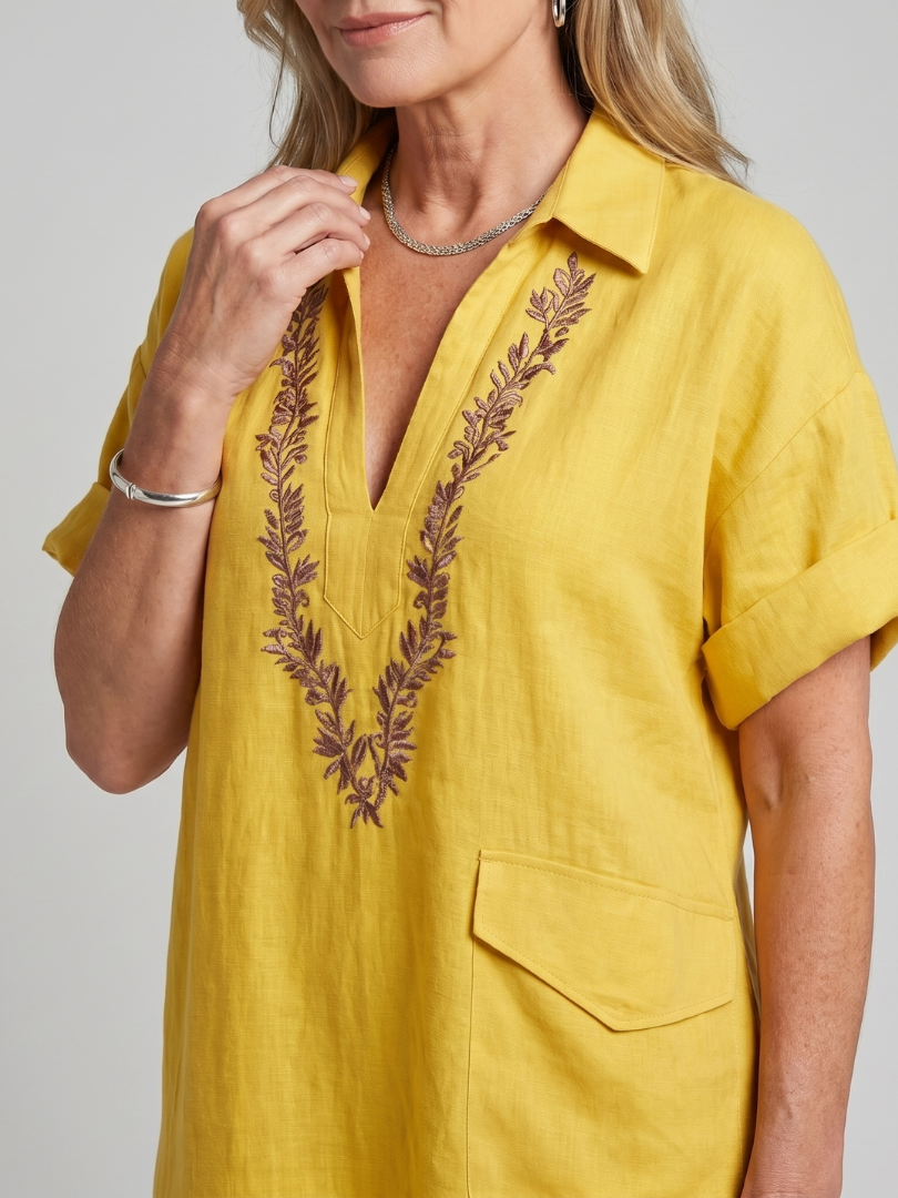 Calluna | Short Sleeve V Neck Embroidered Detail Midi Dress