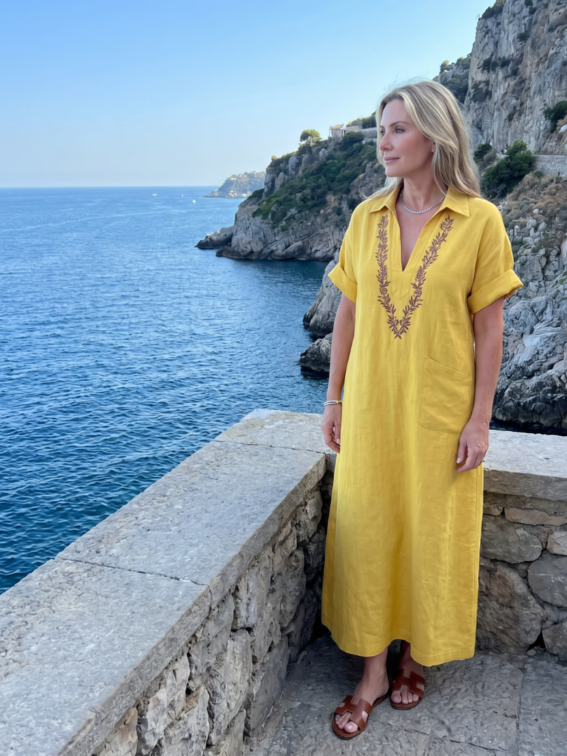 Calluna | Short Sleeve V Neck Embroidered Detail Midi Dress