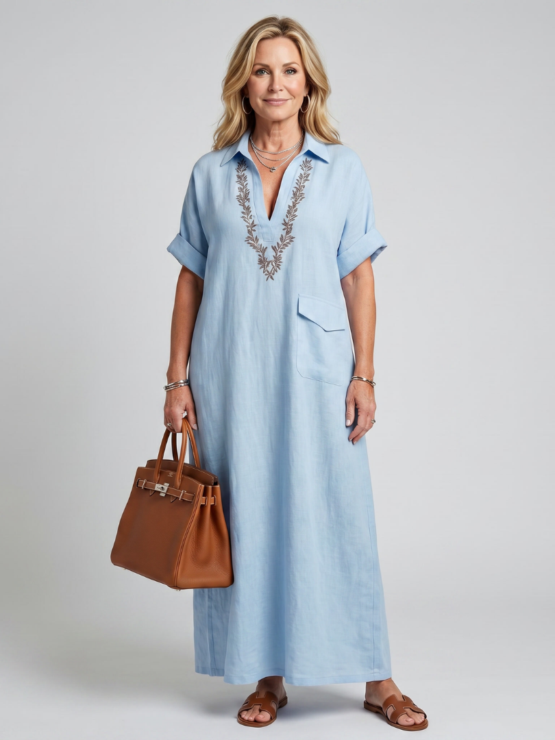 Calluna | Short Sleeve V Neck Embroidered Detail Midi Dress