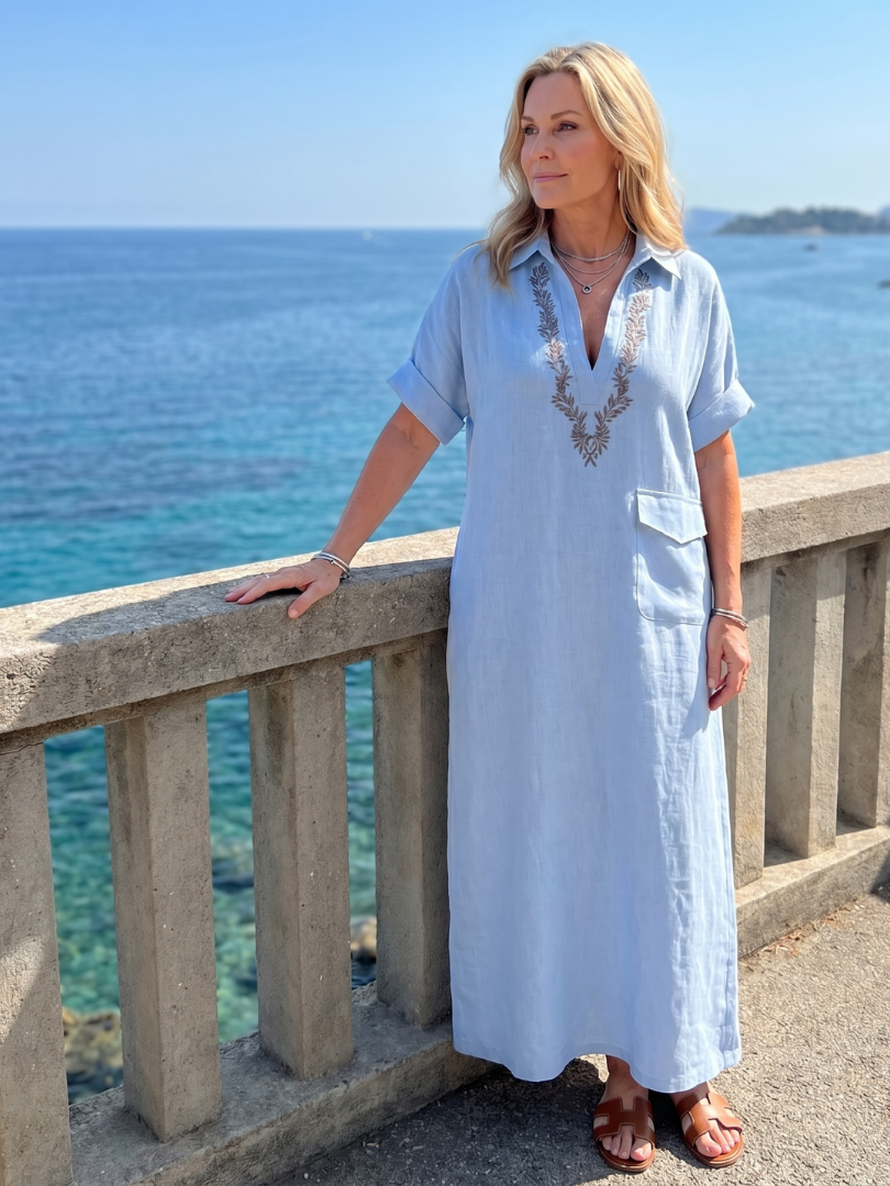 Calluna | Short Sleeve V Neck Embroidered Detail Midi Dress