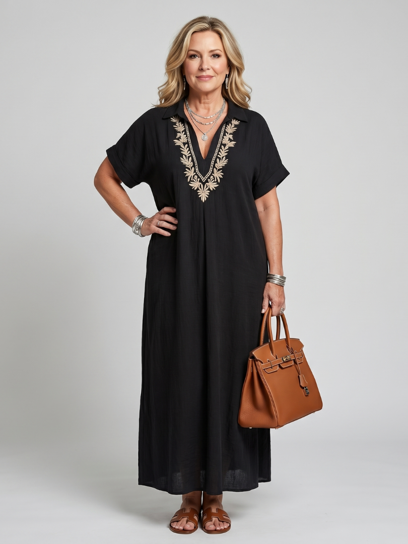 Calluna | Short Sleeve V Neck Embroidered Detail Midi Dress