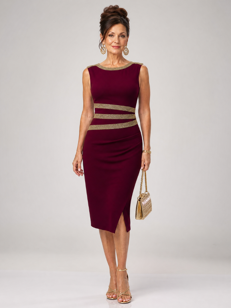 Elakya | Metallic Trim Sleeveless Midi Dress