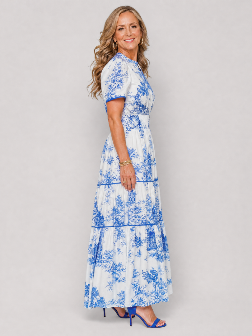 Seraphine | Printed Short Sleeve Tiered Midi Dress