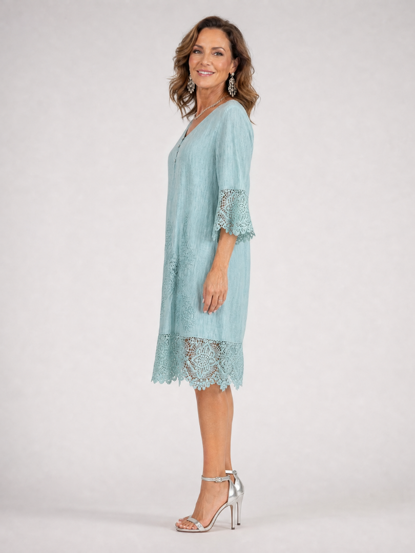 Tina | Embroidered Lace Trim Shift Midi Dress