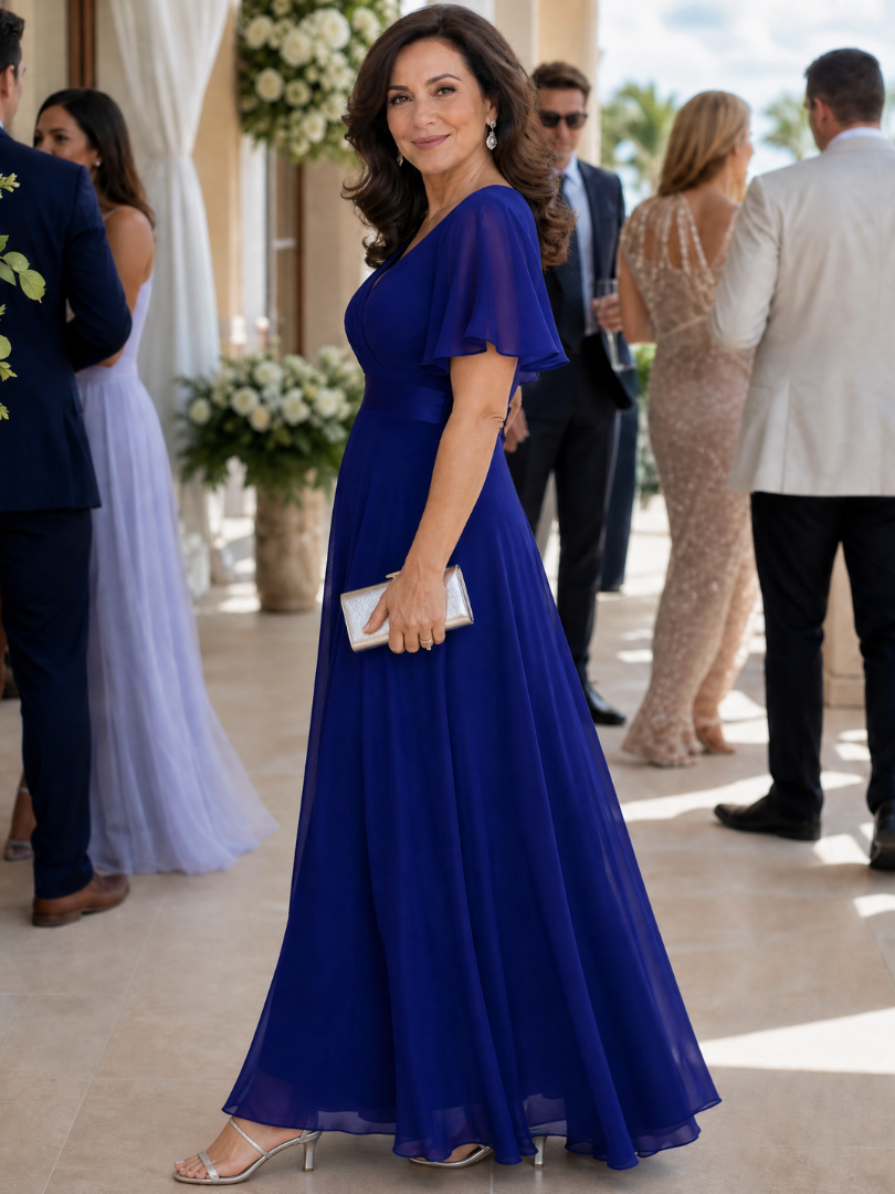 Mige | Short Flutter Sleeve Defined Waist Maxi Dress