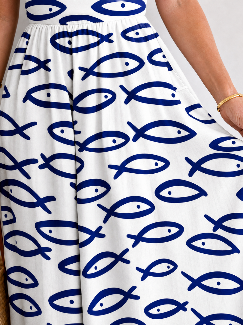 Thaloria | Fish Print Sleeveless Midi Dress