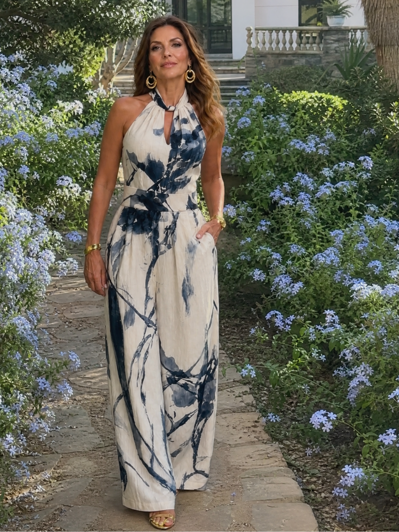 Xylene | Printed Halter Wide Leg Jumpsuit