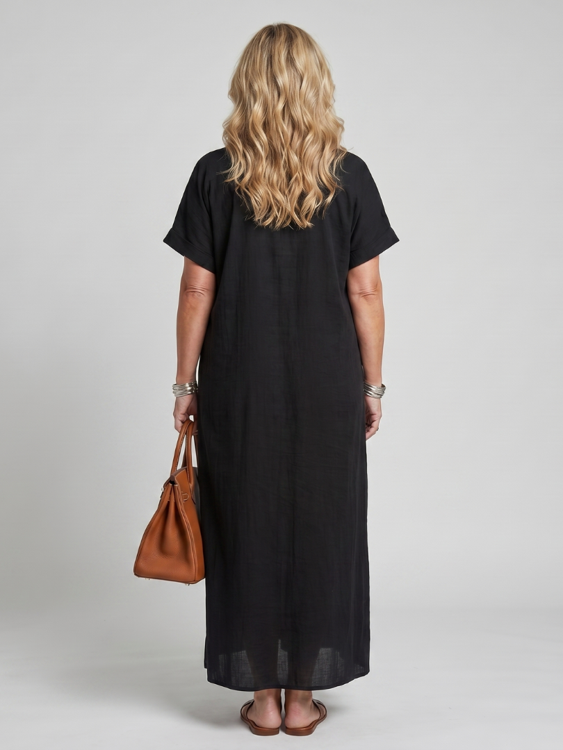 Calluna | Short Sleeve V Neck Embroidered Detail Midi Dress