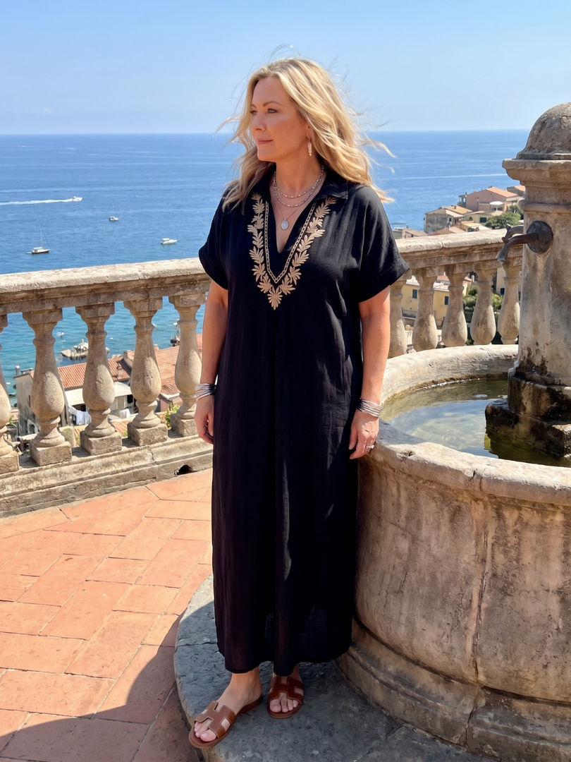 Calluna | Short Sleeve V Neck Embroidered Detail Midi Dress
