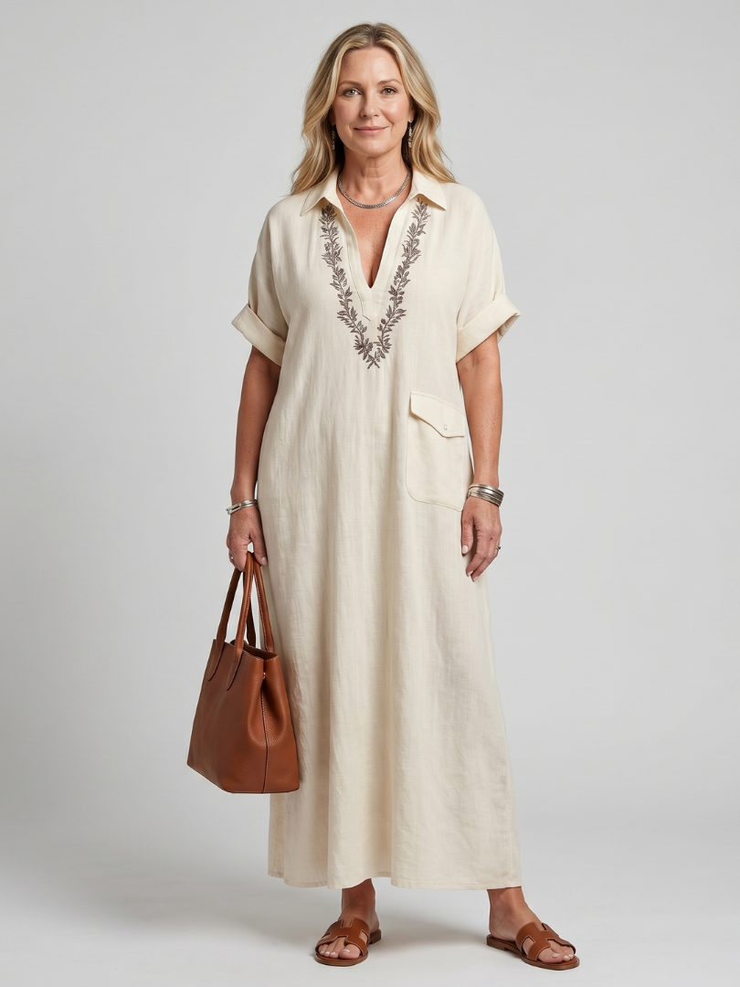 Calluna | Short Sleeve V Neck Embroidered Detail Midi Dress