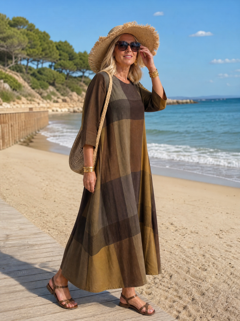 Omino | Plaid Round Neck Midi Dress