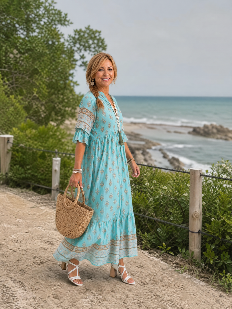 Youma | Printed V Neck Tiered Midi Dress