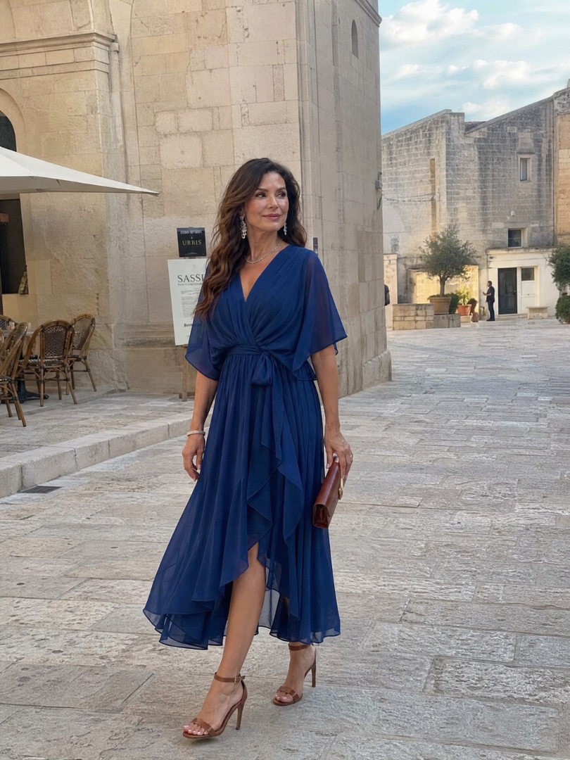 Maristella | Draped V Neck Tie Waist Midi Dress