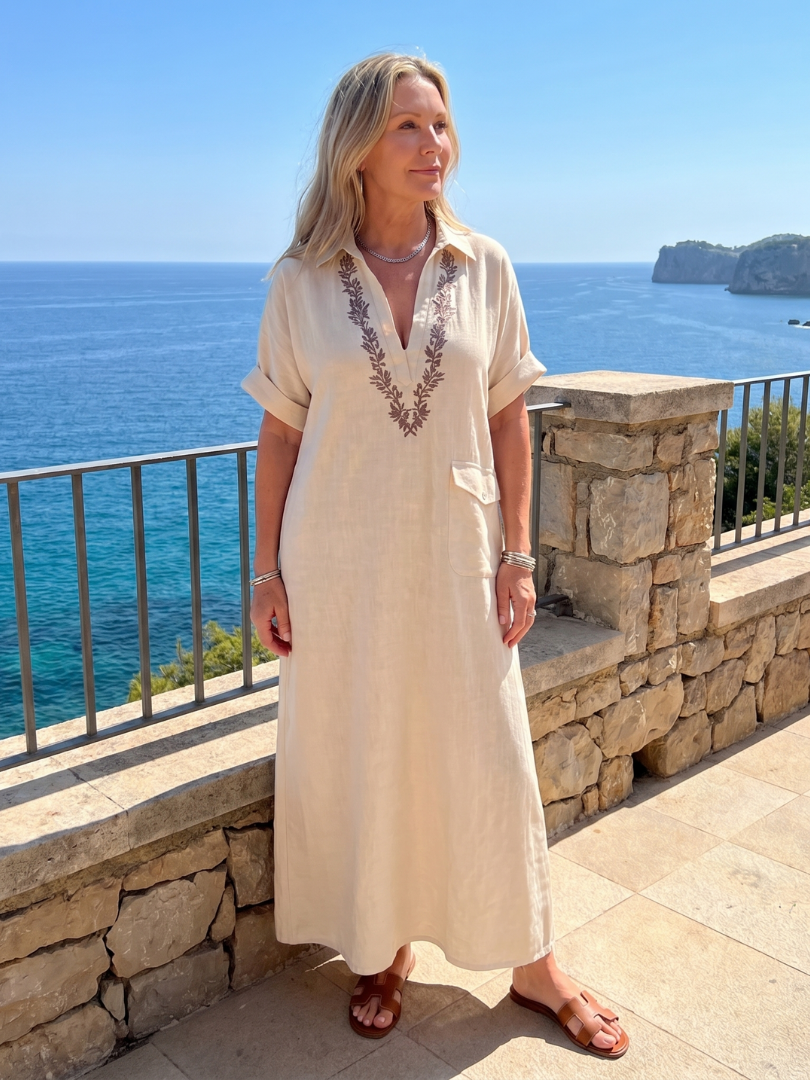 Calluna | Short Sleeve V Neck Embroidered Detail Midi Dress