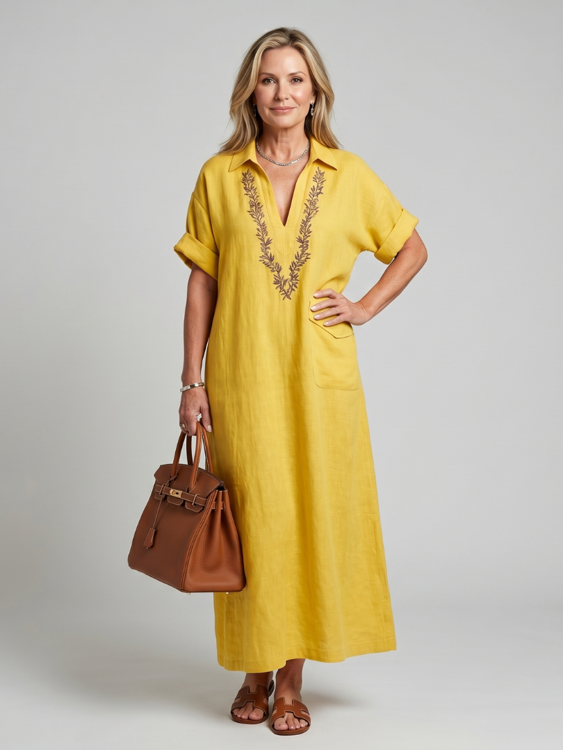 Calluna | Short Sleeve V Neck Embroidered Detail Midi Dress