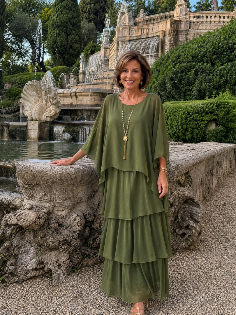 Arianwen | Layered Chiffon Round Neck Midi Dress