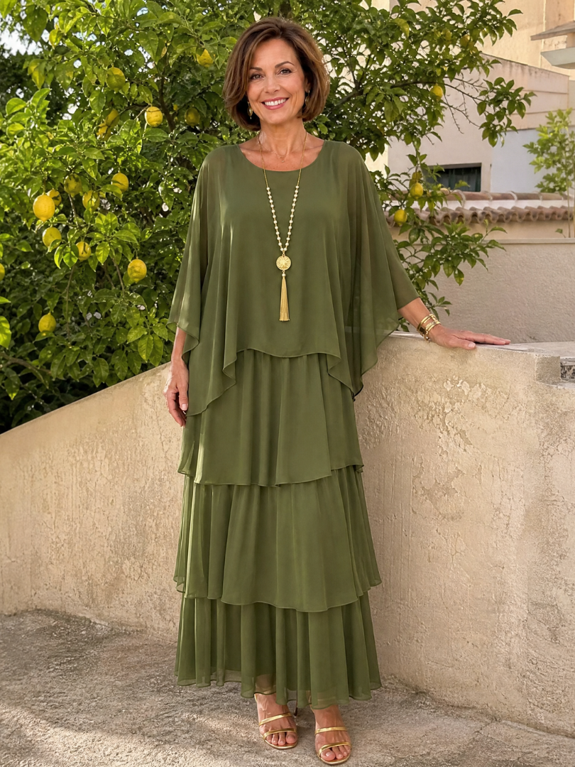Arianwen | Layered Chiffon Round Neck Midi Dress