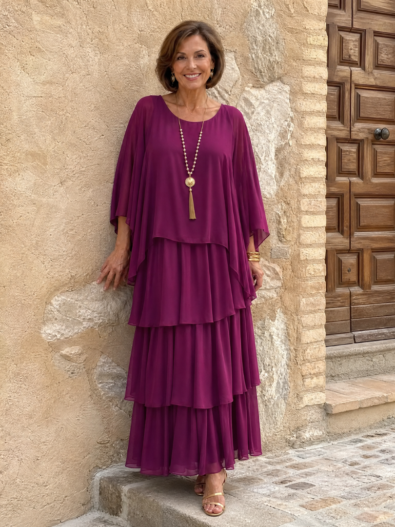 Arianwen | Layered Chiffon Round Neck Midi Dress
