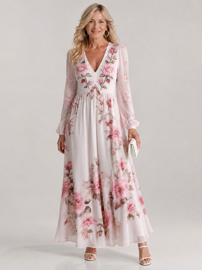 Emina | Floral V Neck Long Sleeve Midi Dress