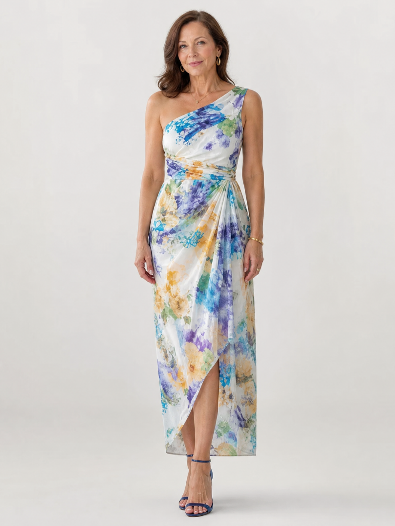 Avona | One Shoulder Floral Print Midi Dress