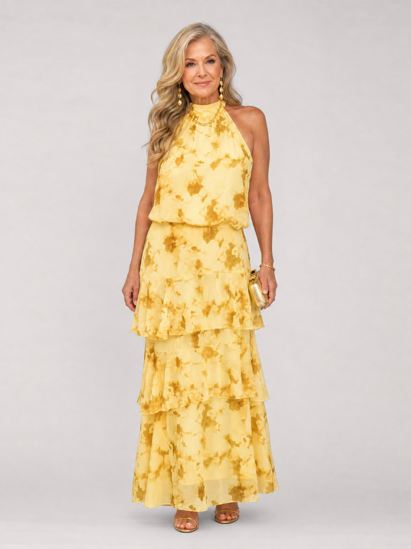 Astraea | Strapless Layered Print Midi Dress
