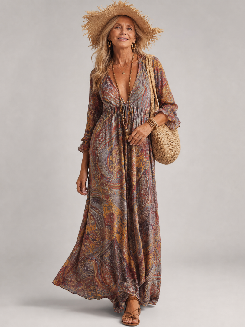 Romane | Paisley V Neck Midi Dress