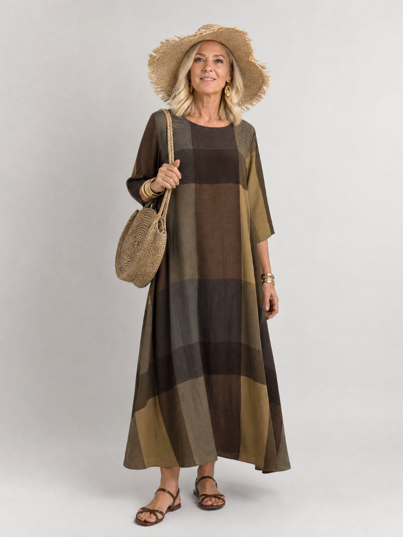 Omino | Plaid Round Neck Midi Dress