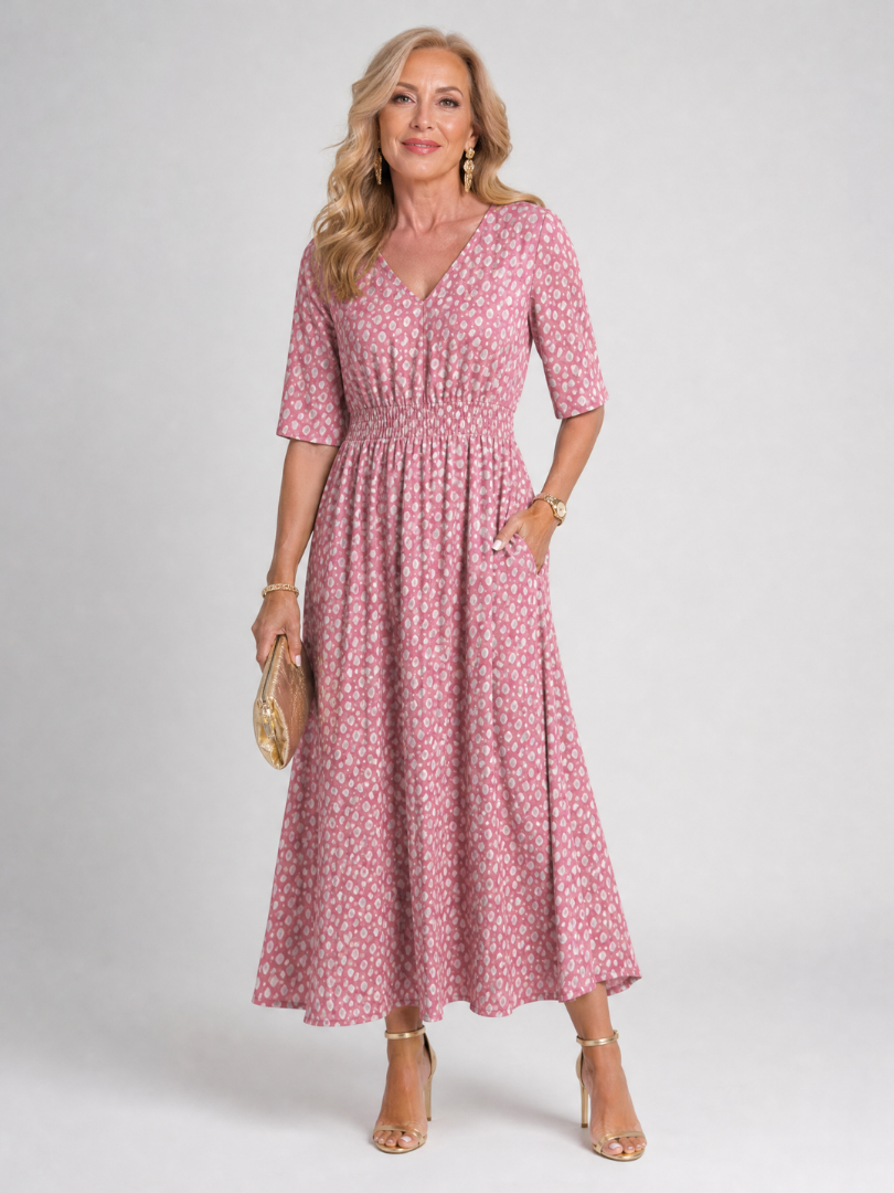 Zorynne | Printed V Neck Midi Dress