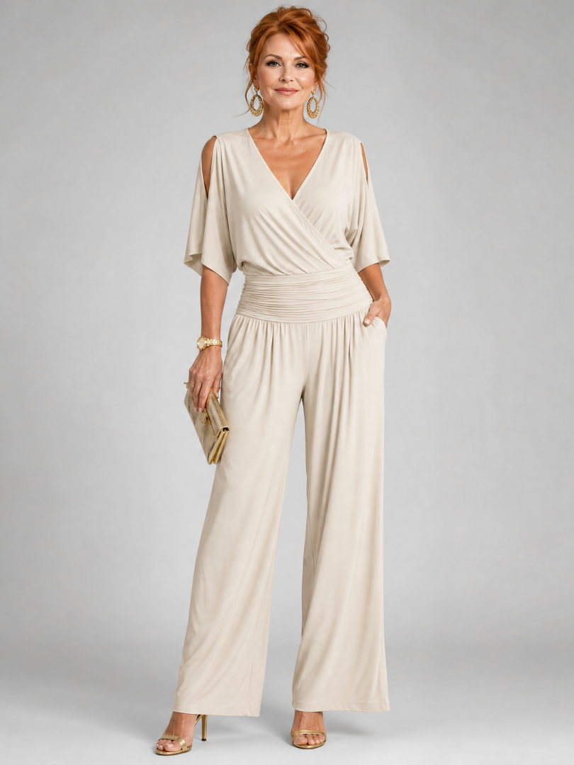 Juman | Cold Shoulder Wrap Wide Leg Jumpsuit