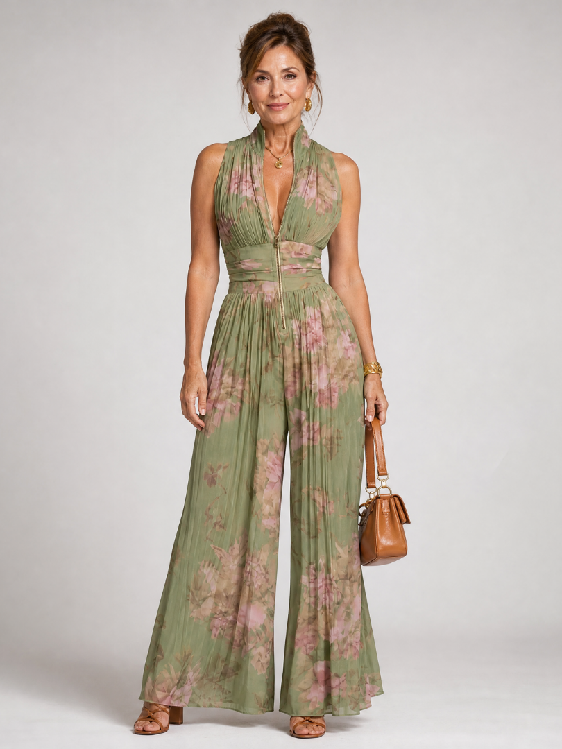 Osythia | Pleated Floral Wide Leg Jumpsuit