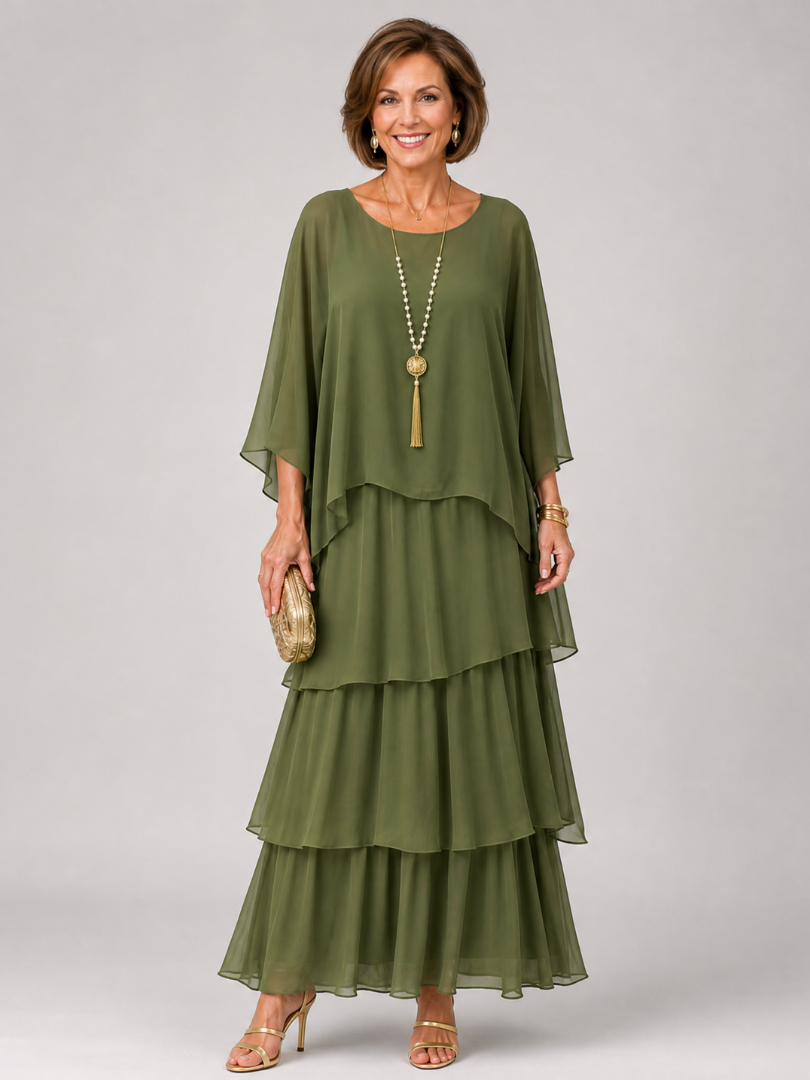 Arianwen | Layered Chiffon Round Neck Midi Dress