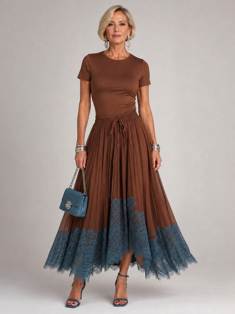 Astryne | Short Sleeve Lace Hem Midi Dress