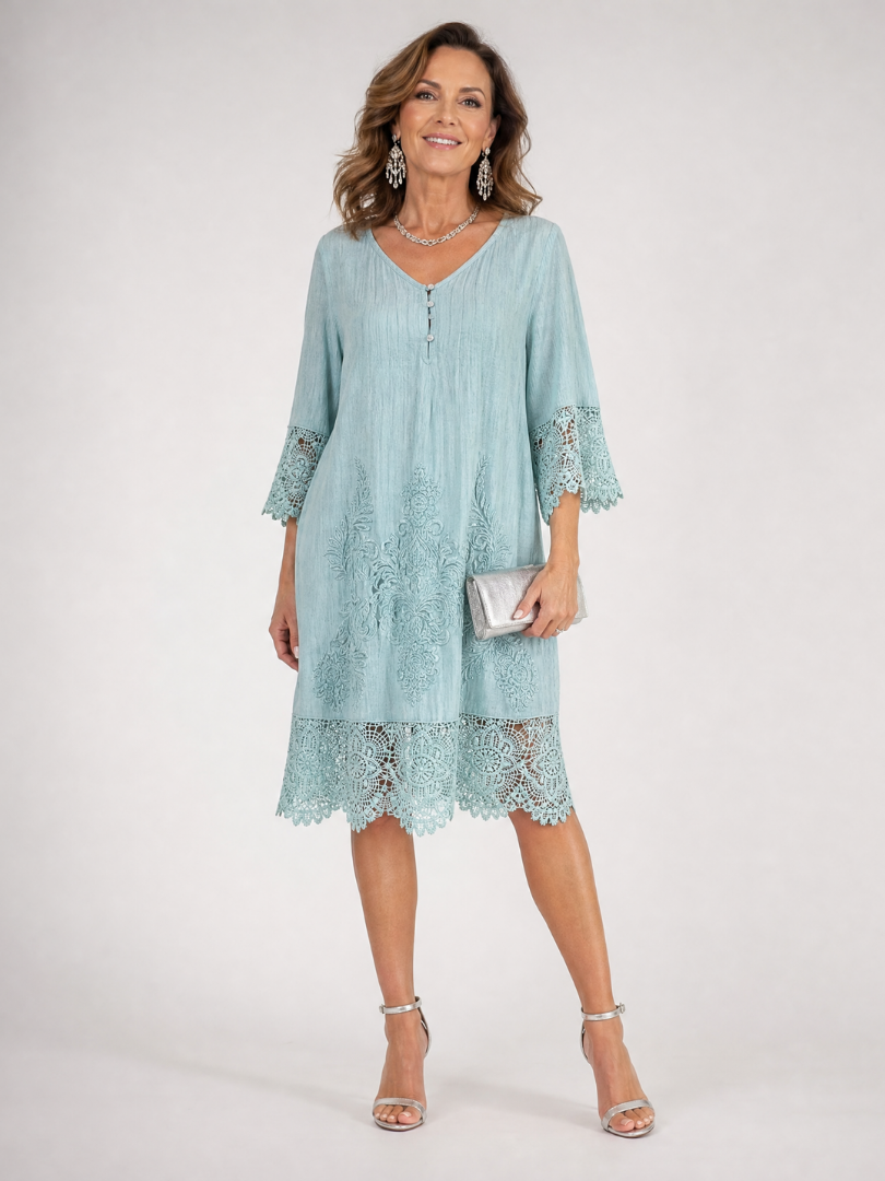 Tina | Embroidered Lace Trim Shift Midi Dress