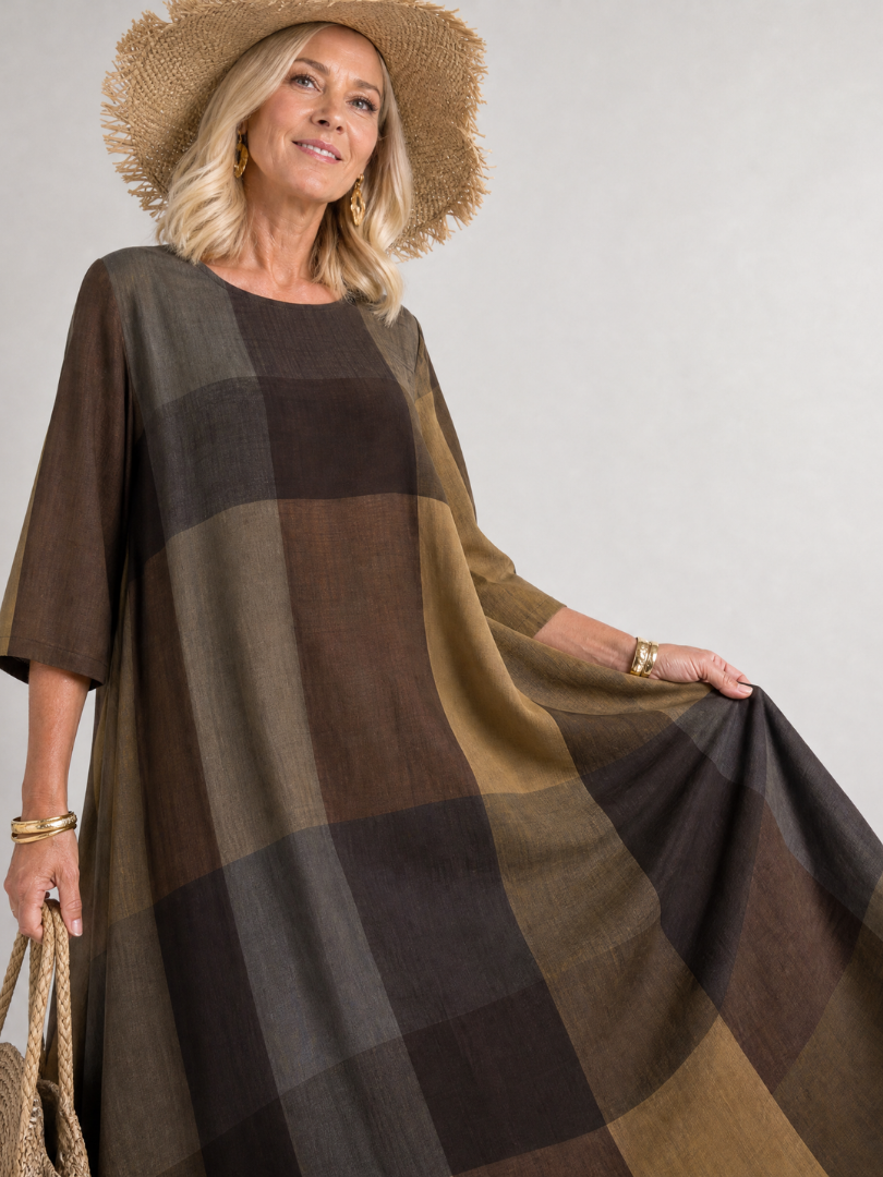 Omino | Plaid Round Neck Midi Dress