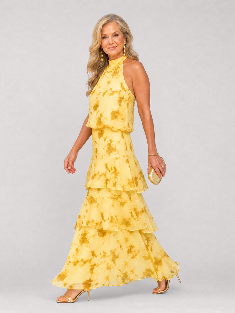 Astraea | Strapless Layered Print Midi Dress