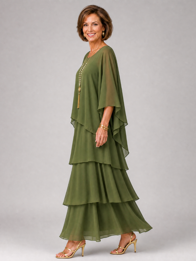 Arianwen | Layered Chiffon Round Neck Midi Dress
