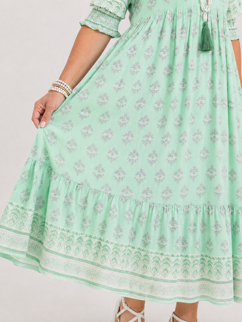 Youma | Printed V Neck Tiered Midi Dress