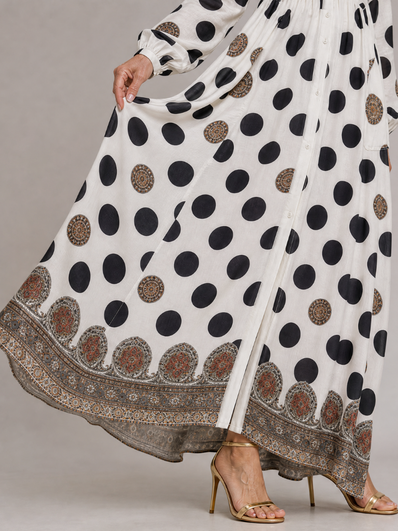 Mujen | Polka Dot Embroidered V Neck Midi Dress