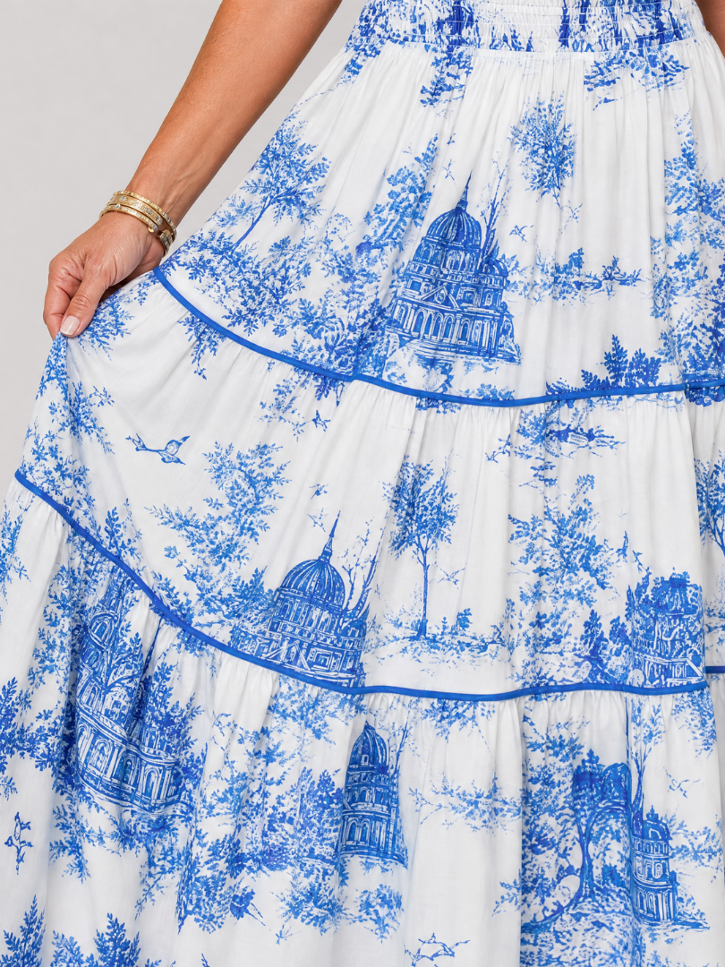 Seraphine | Printed Short Sleeve Tiered Midi Dress