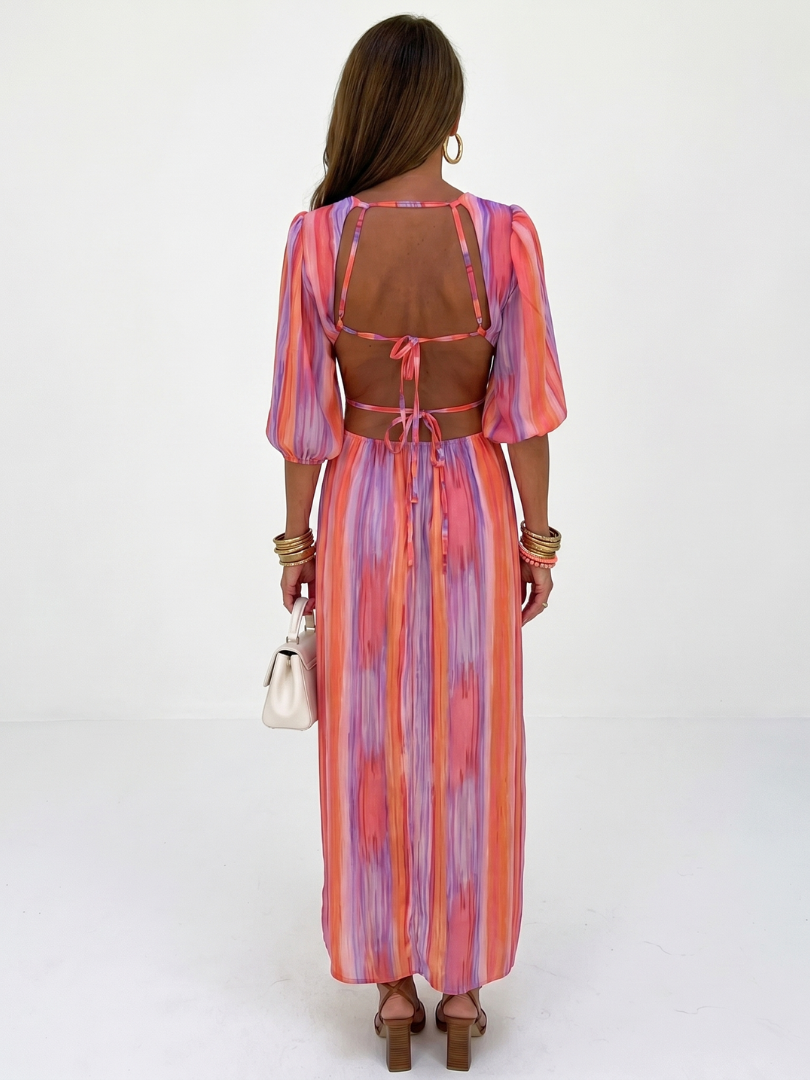 Gia | Vertical Stripe Cutout Waist Midi Dress