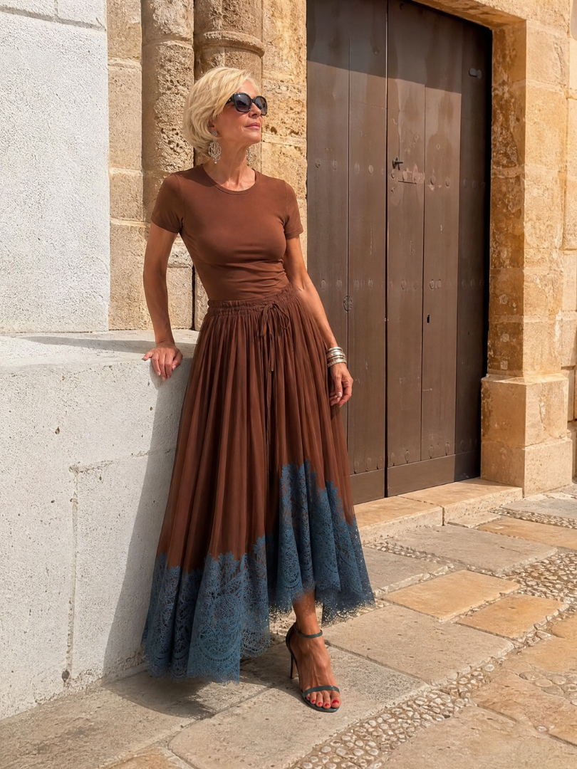 Astryne | Short Sleeve Lace Hem Midi Dress