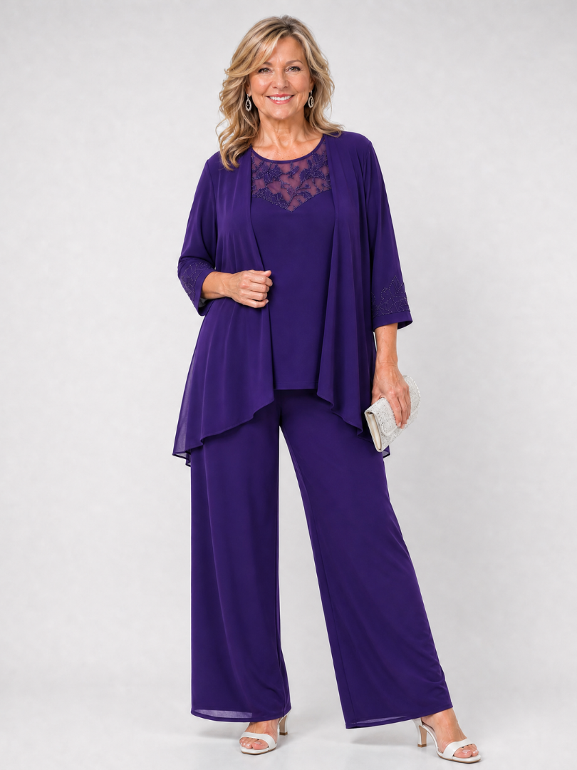 Leocadia | Lace Neck Three Piece Pant Set