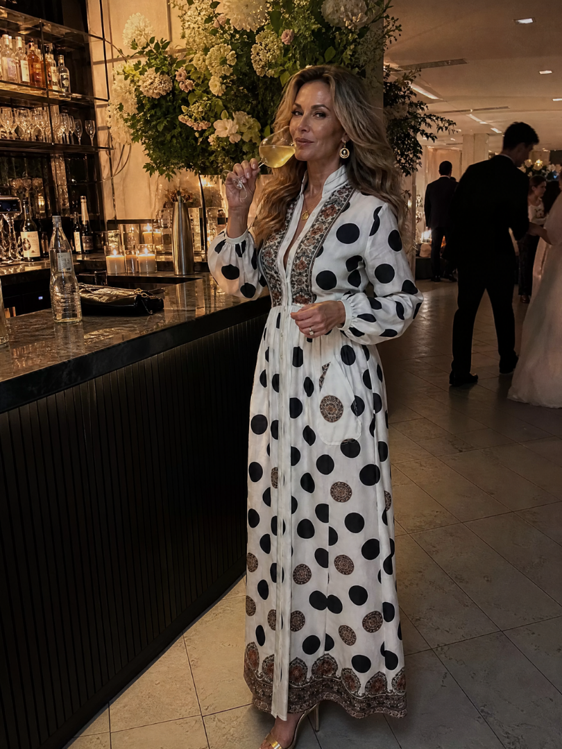 Mujen | Polka Dot Embroidered V Neck Midi Dress