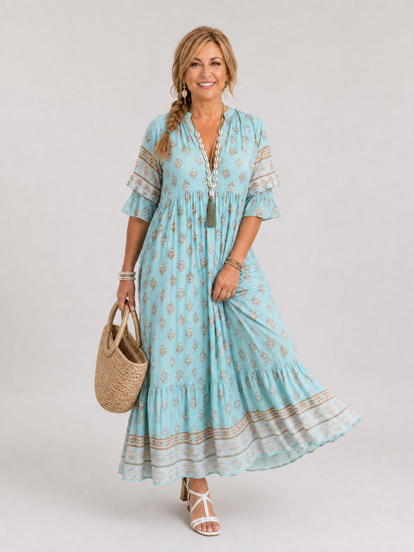 Youma | Printed V Neck Tiered Midi Dress