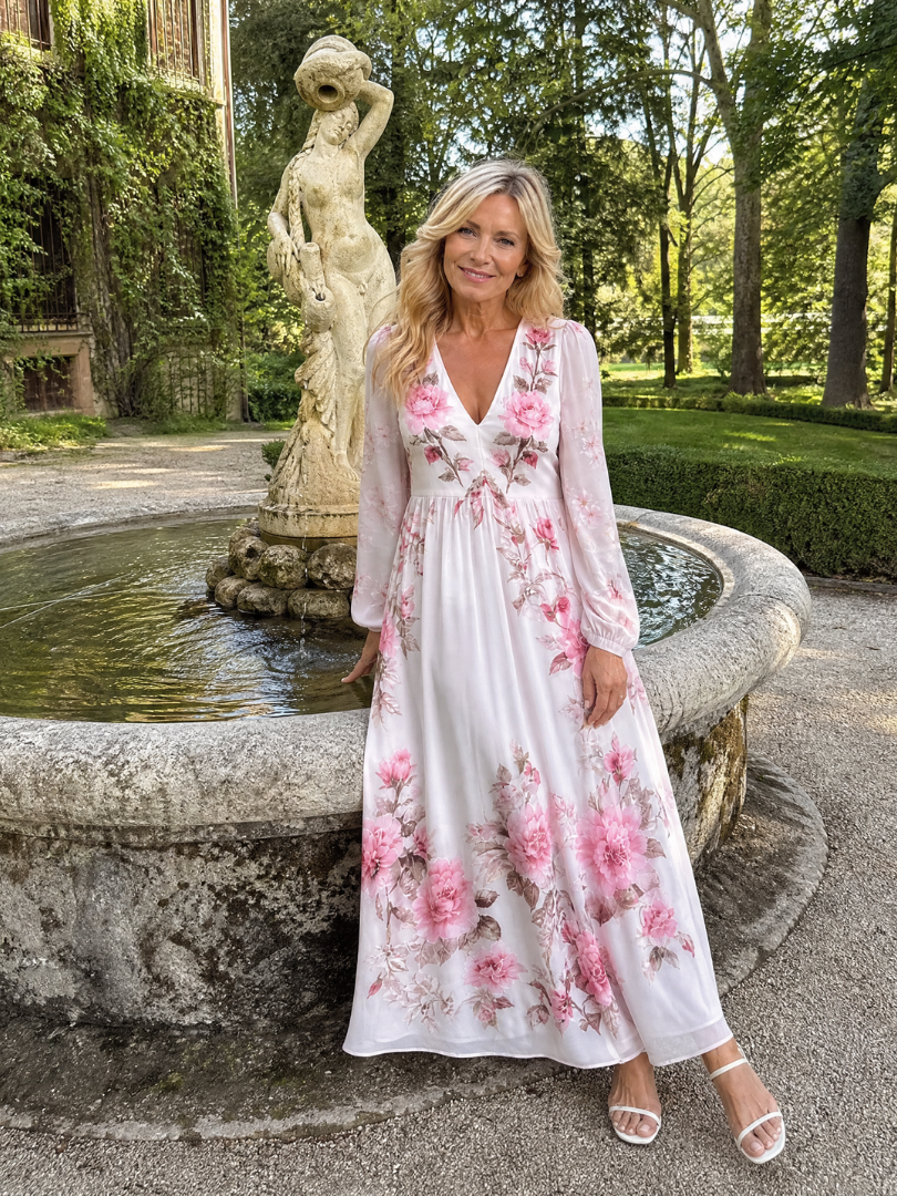 Emina | Floral V Neck Long Sleeve Midi Dress
