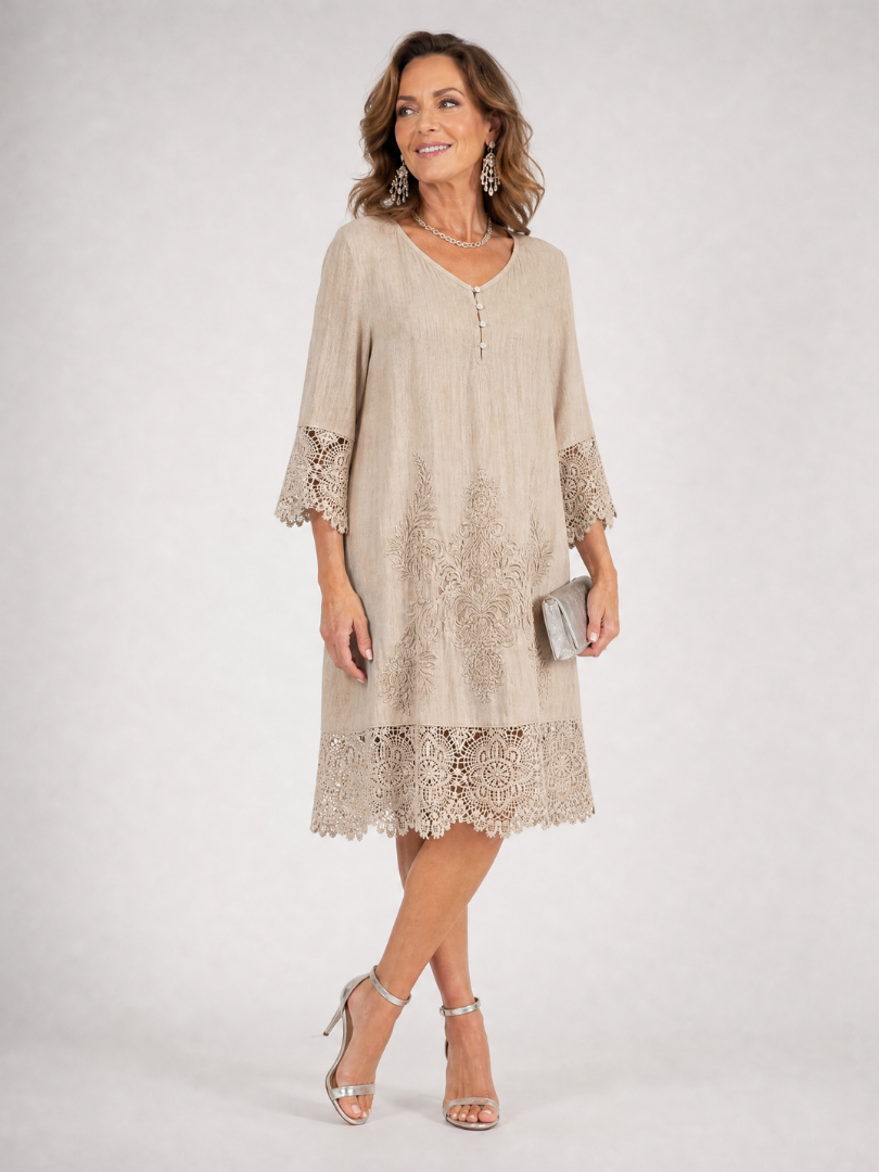 Tina | Embroidered Lace Trim Shift Midi Dress