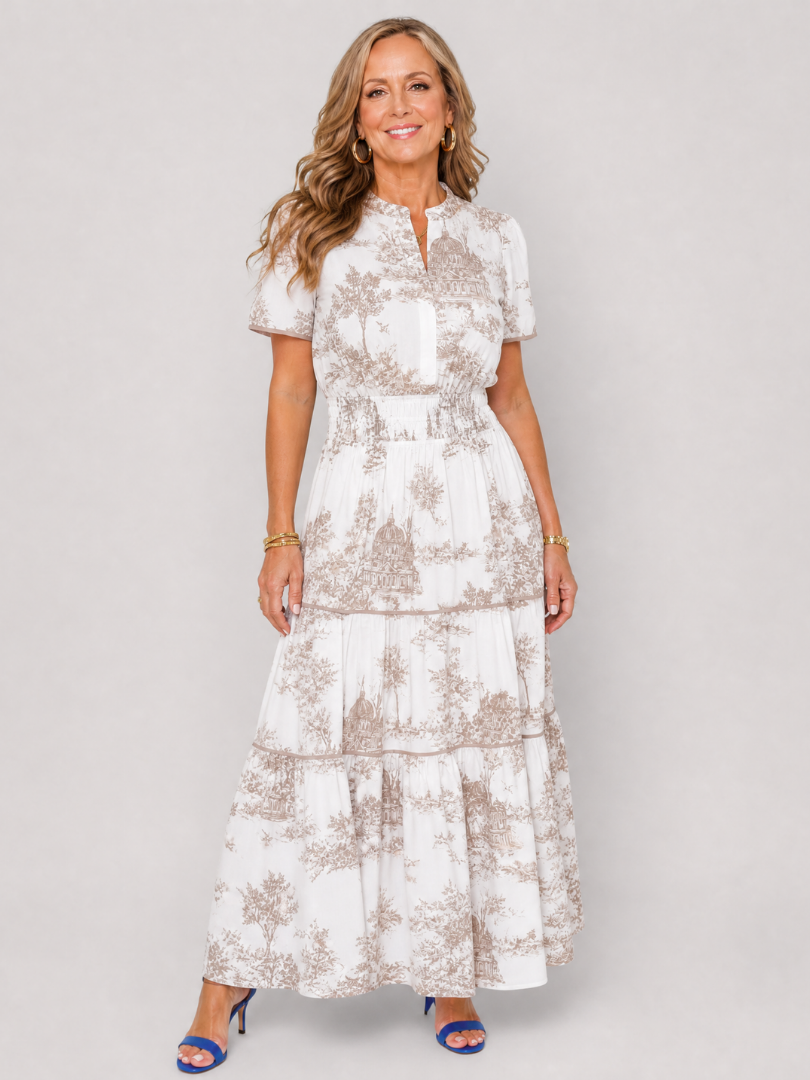 Seraphine | Printed Short Sleeve Tiered Midi Dress