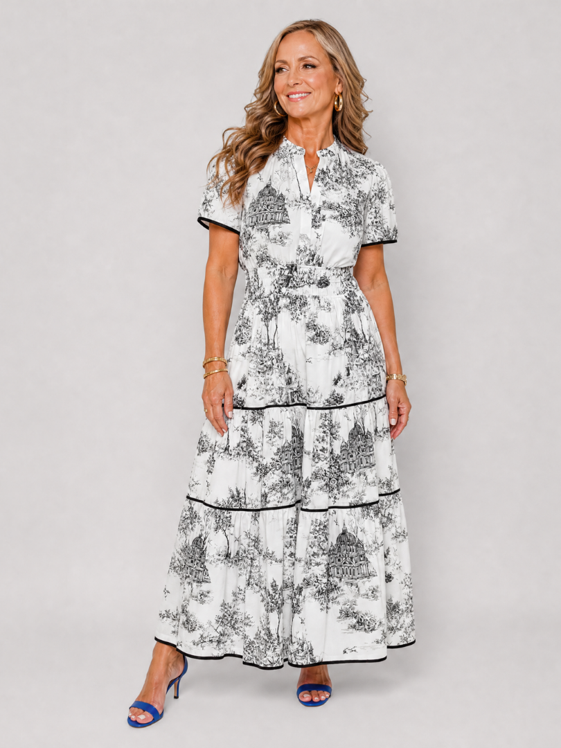 Seraphine | Printed Short Sleeve Tiered Midi Dress