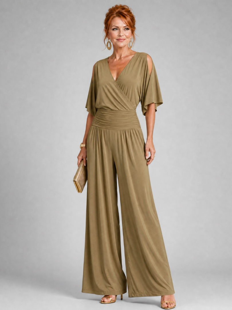 Juman | Cold Shoulder Wrap Wide Leg Jumpsuit